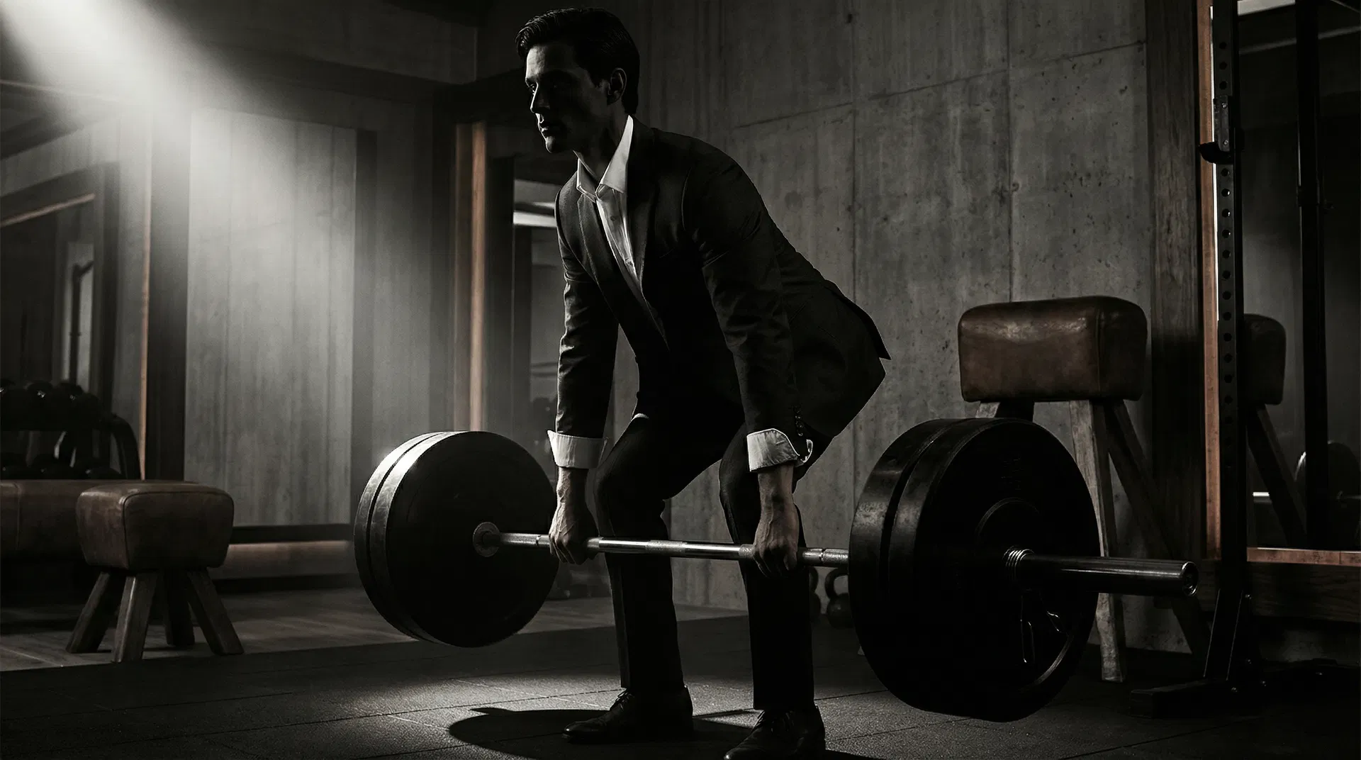 A man in a suit setting up to deadlift a loaded barbell in a dim gym