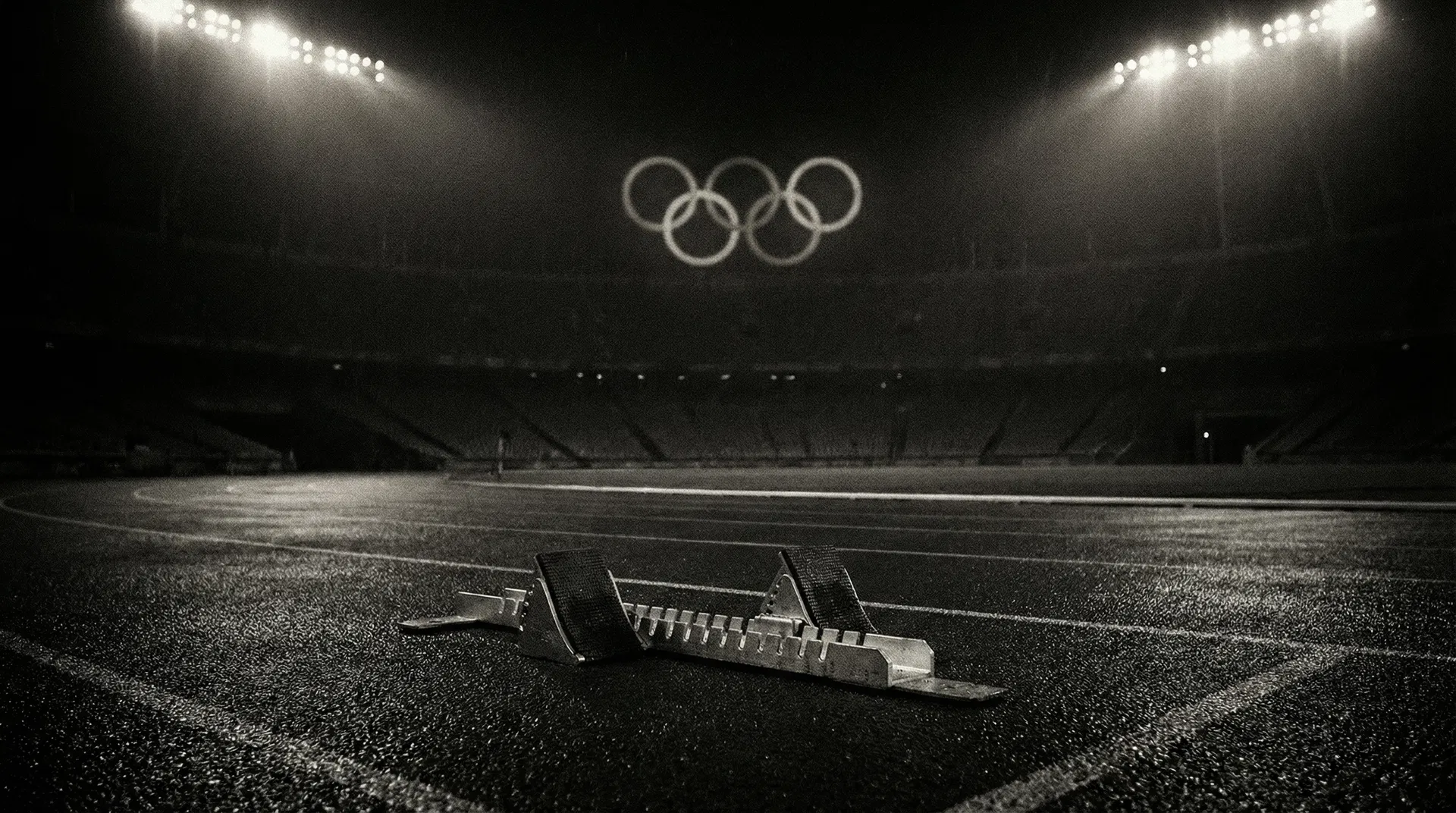 Starting blocks on an empty track under stadium lights, with the Olympic rings above